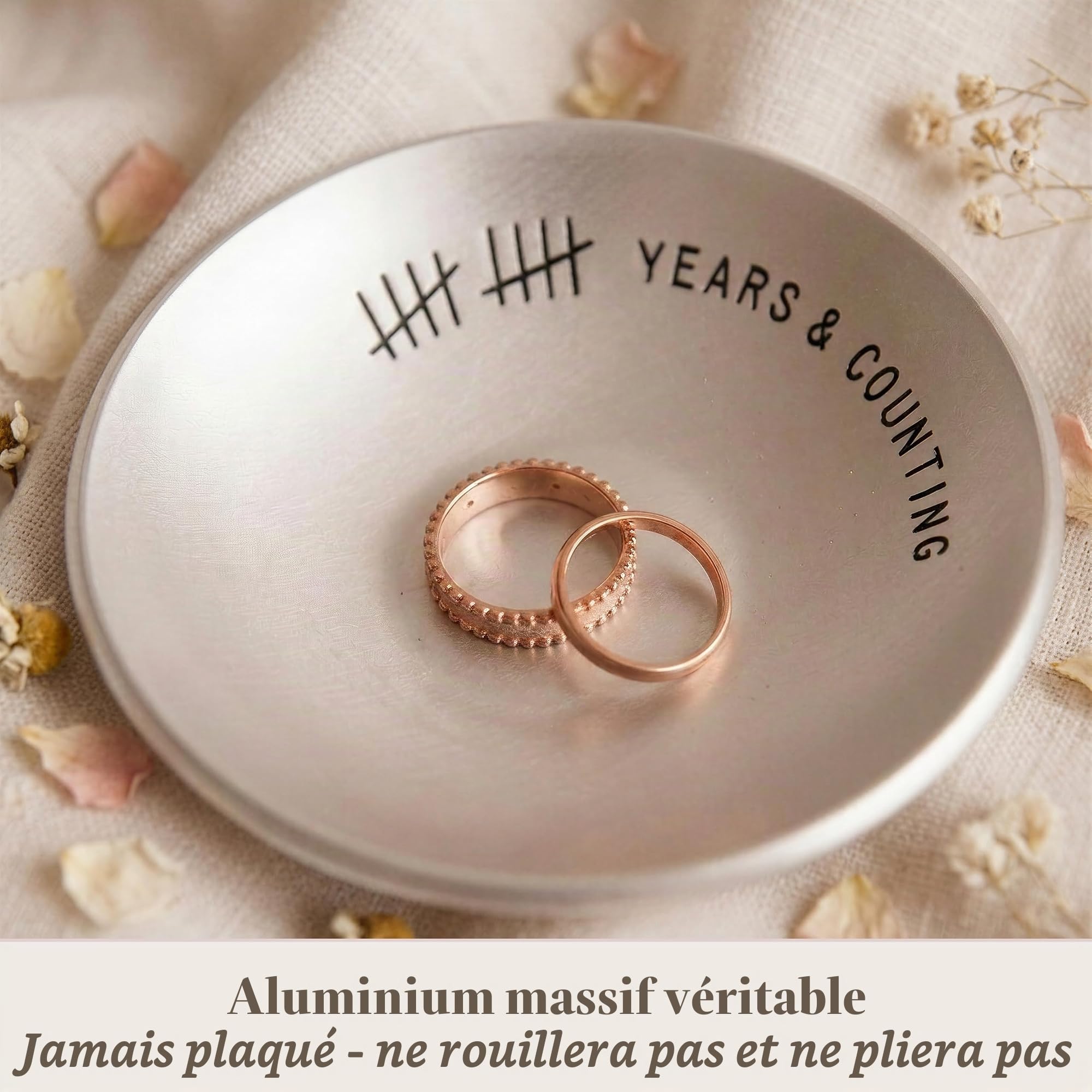 Cadeaux en étain pour 10e anniversaire de mariage – 10,2 cm, gravé, support d'alliance en aluminium et coffret cadeau – 10 ans d'anniversaire pour lui et 10 ans pour elle style lisse