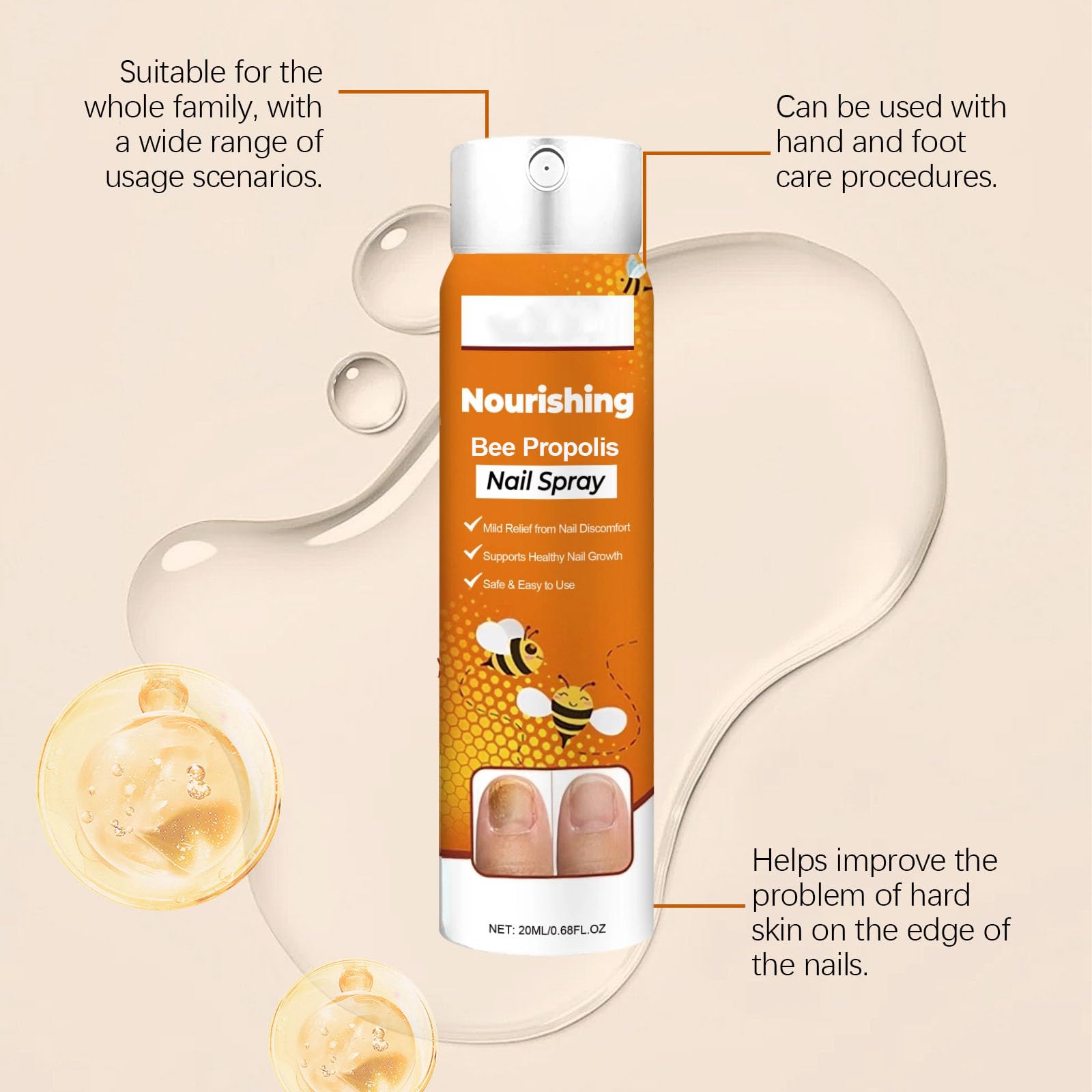 Abeja propóleos cuidado de uñas, aceite nutritivo fortalecedor para uñas débiles y quebradizas, spray de cuidado de secado rápido con árbol de té y jengibre para cutículas ásperas y secas (8 piezas)