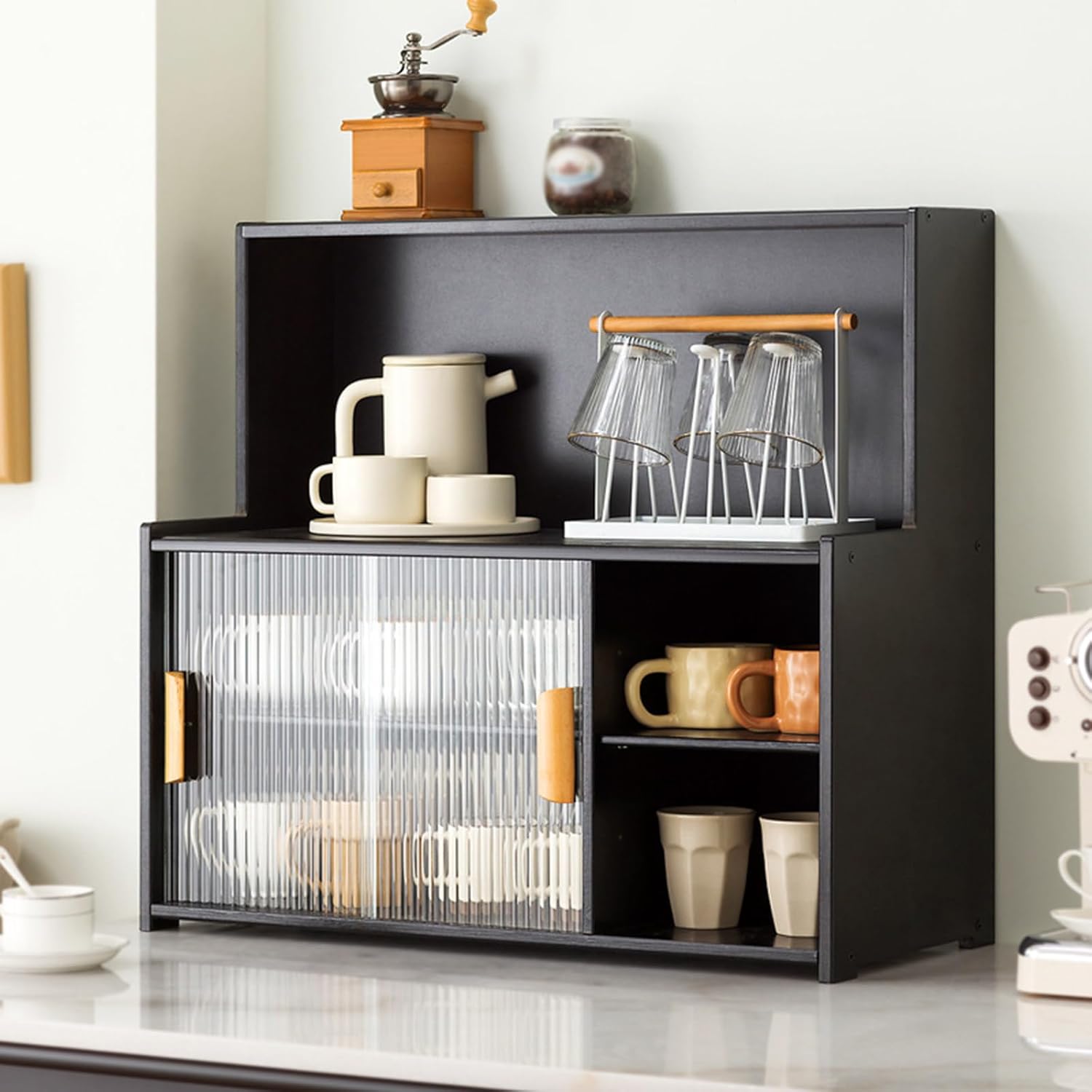 3-Tier Small Kitchen Pantry Sideboard Cabinet with Sliding Glass Doors,Countertop Storage Cabinet,Dining Cupboard for Kitchen,Dining Room,Spice,Bottles,Bowl