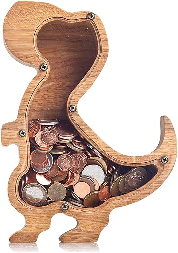 Miniatura 9 de Alcancía de madera Trex de dinosaurio para niños y niñas, hucha de tiranosaurio de madera hecha a mano por expertos, roble duradero con lado de