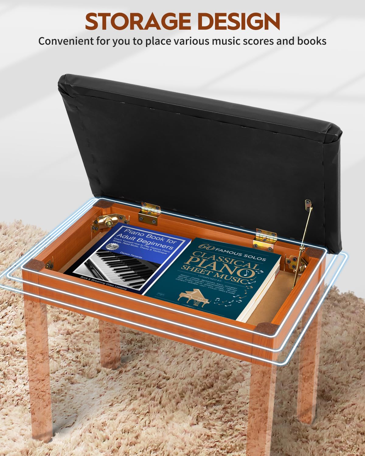 STRICH Banc de piano avec rangement, banc de clavier en bois massif, bibliothèque de piano, tabouret de chaise avec coussin rembourré, couleur acajou