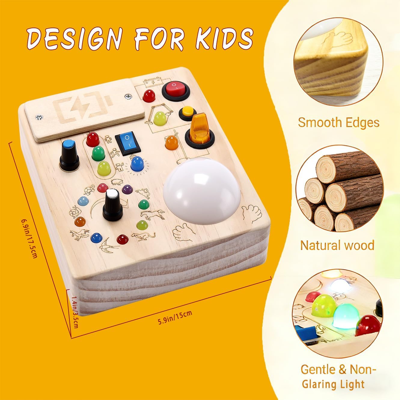 Montessori Busy Board for Toddlers 1-3 Years Old, Wooden Sensory Board with LED Lights, Interactive Activity Toy with Switches, Travel Toy Gift for Boys Girls