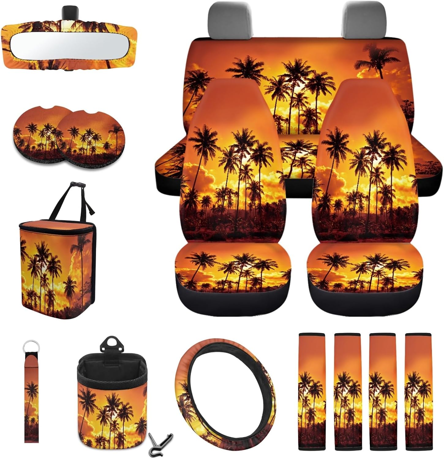 INSTANTARTS Coconut Sunset 15 Pack Car Accessories Sets Auto Interior Decor 4 Pieces Car Seat Covers Steering Wheel Cover Keychain Car Trash Bag Car Dash Accessories Rearview Mirror Cover Cup Mats