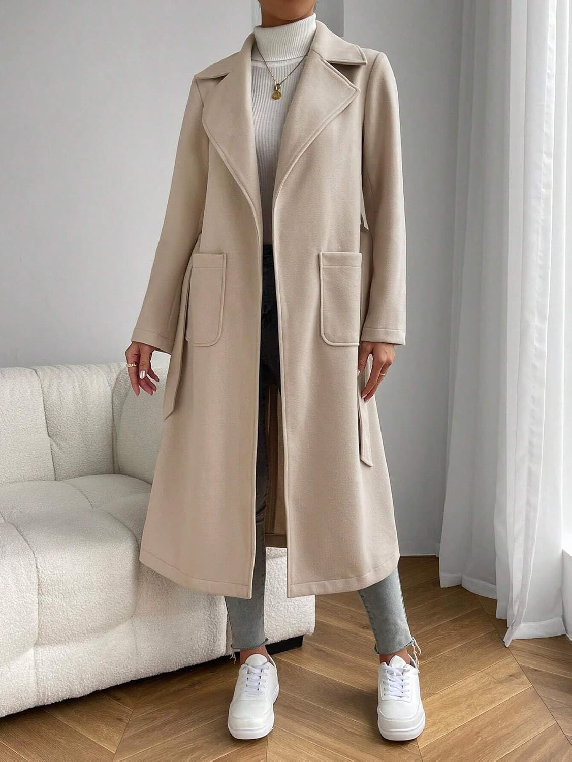 Women's Trench Coat Casual Lapel Neck Double Pocket Belted OverCoat Long Sleeve Classic Overcoat
