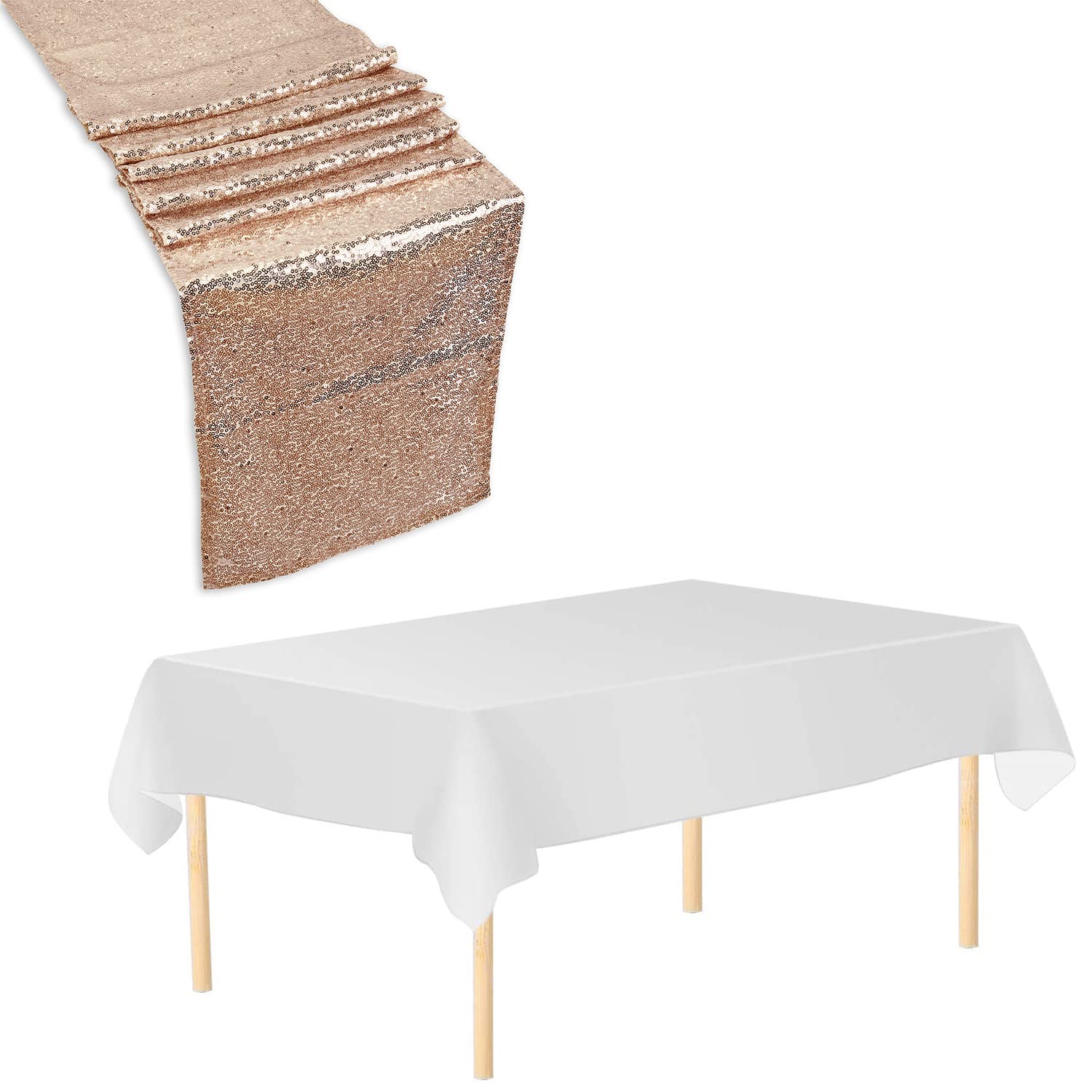 Trimming Shop White Tablecloth & Rose Gold Sequin Table Runner Set, 1pc