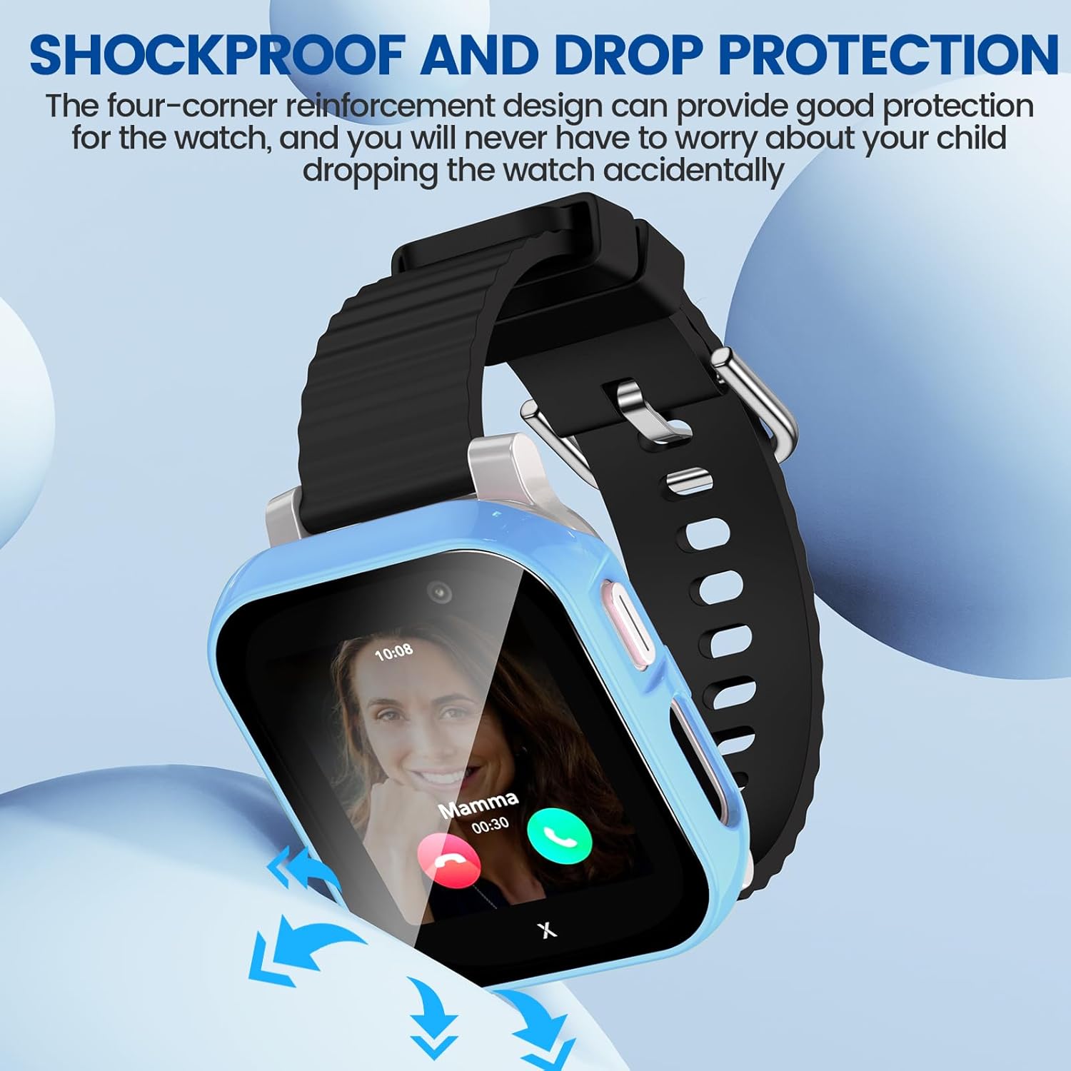 An Xplora X6 Play smartwatch with the blue protective case, showing arrows indicating shock absorption from drops.
