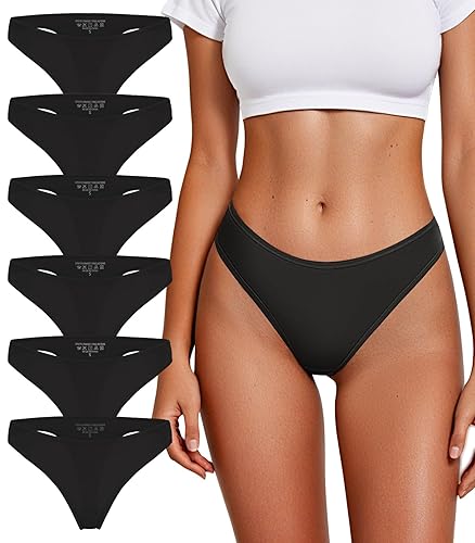 DHFBABY Thongs for Women Breathable Seamless Stretch Underwear Soft Low Waist Ladies T-back Panties 6 Pack - 6black - Large