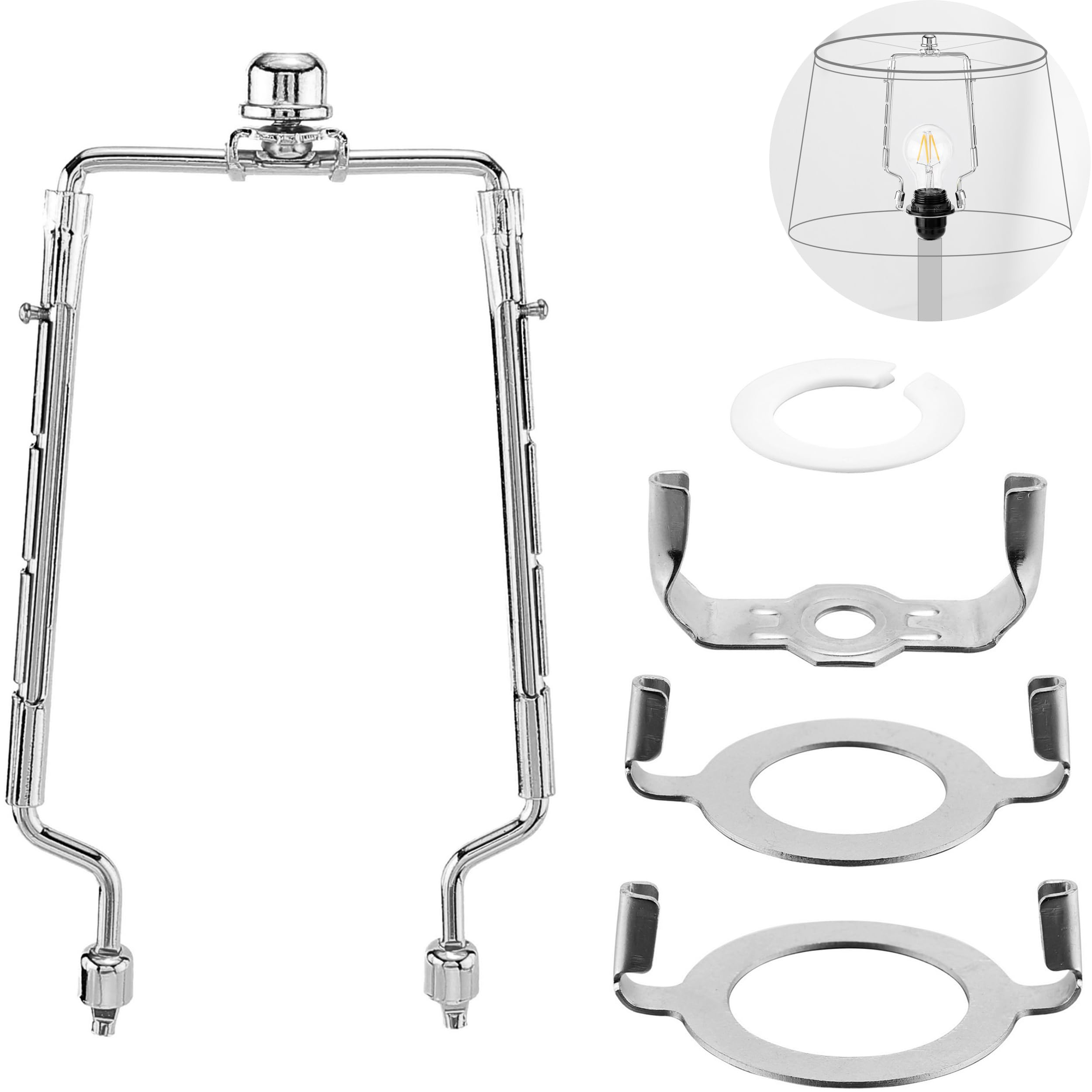 Photo 1 of Mornajina 7 8 9 10 inch Lamp Shade Harp Holder, Adjustable Lamp Harps and Finals, Fit both Standard Lamp Rod and E26 E27 Light Base UNO Fitter Adapter Converter Finial Set (Silver)