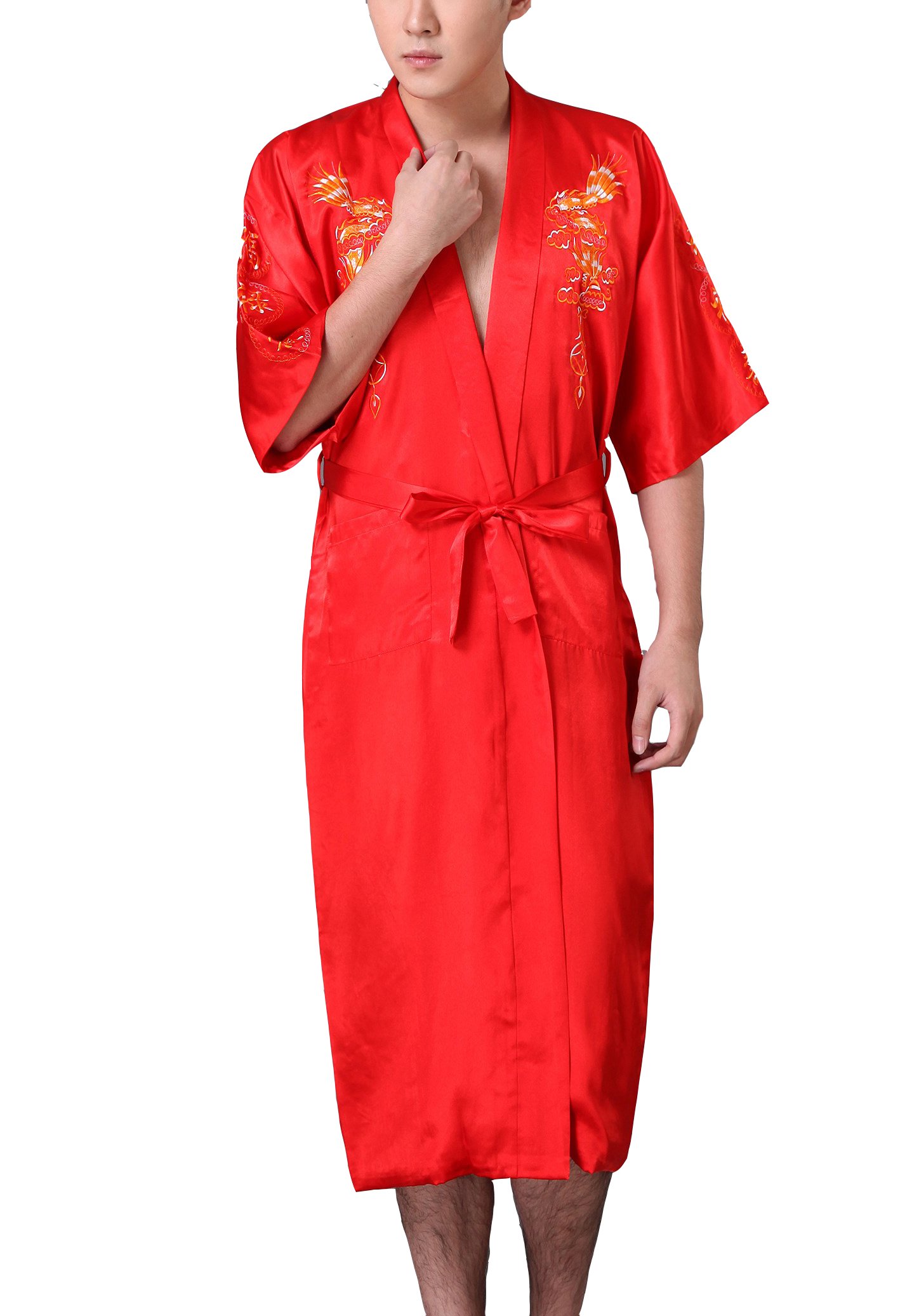 Jtc Men's Red Dragon Floral Satin Kimono Gown Bathrobe Sleeping Wear Nightwear (Red)