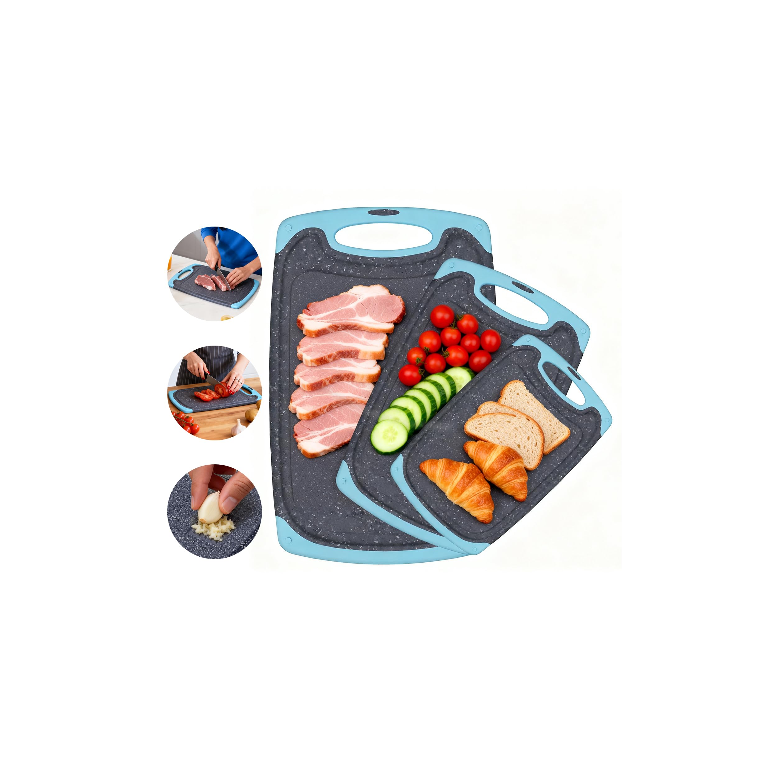 Tabla de cortar de plástico, 3 tablas de cortar aptas para lavavajillas con ranuras de jugo, mango de fácil agarre, antideslizante, con área de molienda para moler ajo y jengibre (Aqua)