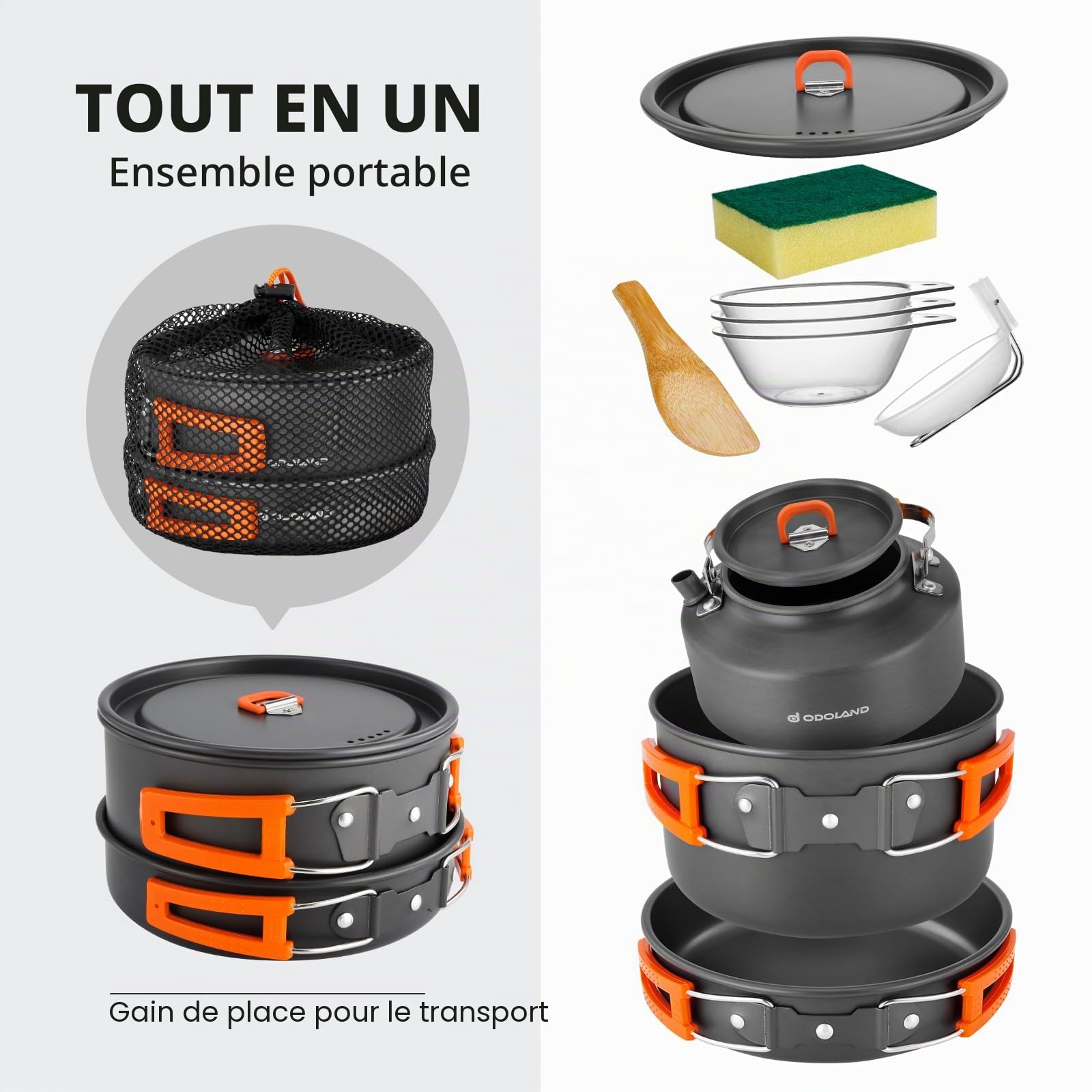 Odoland Kit de Casseroles Camping Portable, Antiadhésif Casserole Légère Set avec Bol en PP pour Le Camping, Sac à Dos, Cuisine en Plein Air et Pique - Nique