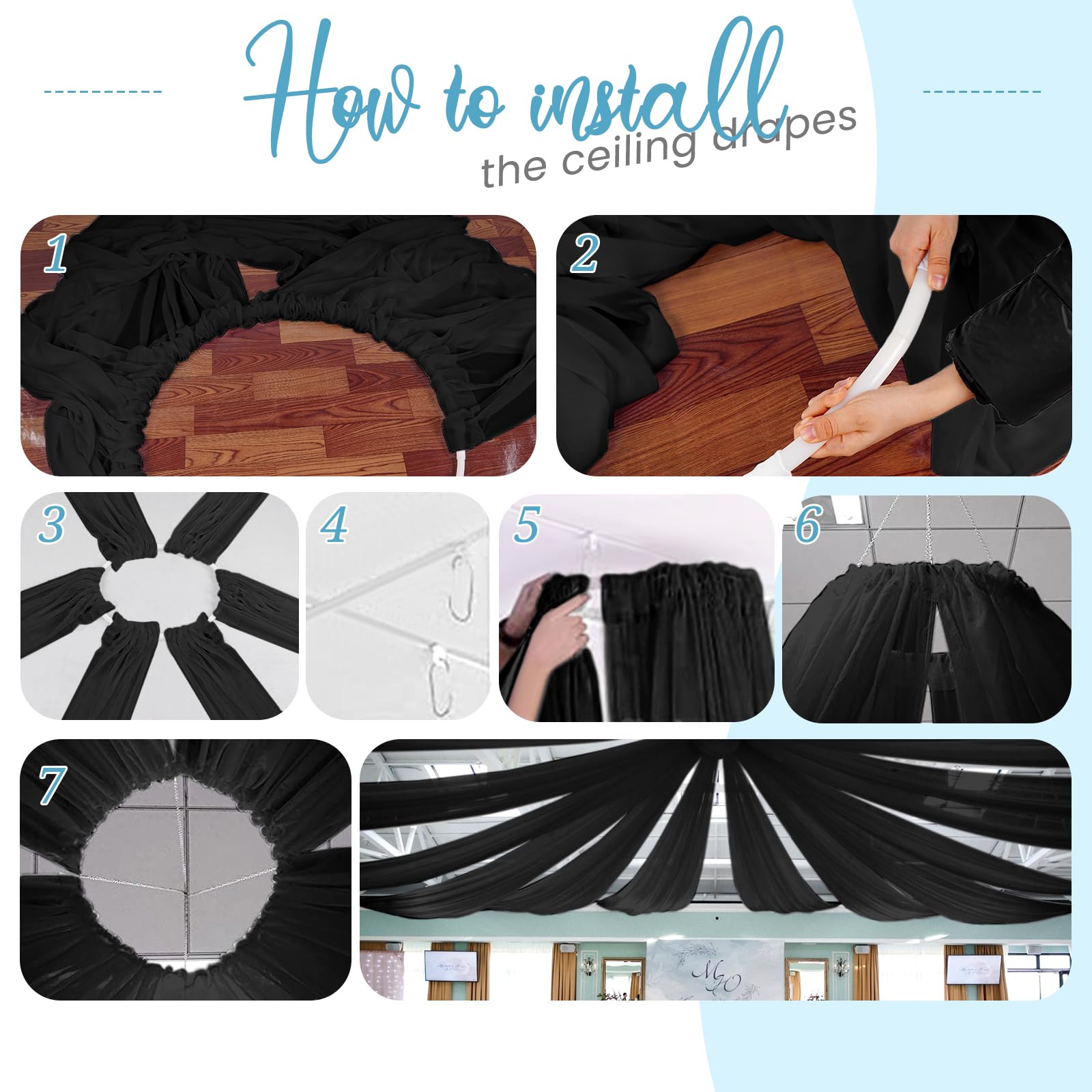 6 paneles de cortinas de techo negras para boda, cortinas de techo de 5 x 20 pies, cortinas transparentes de tela de gasa para decoración de techo de boda, ceremonia, escenario de boda