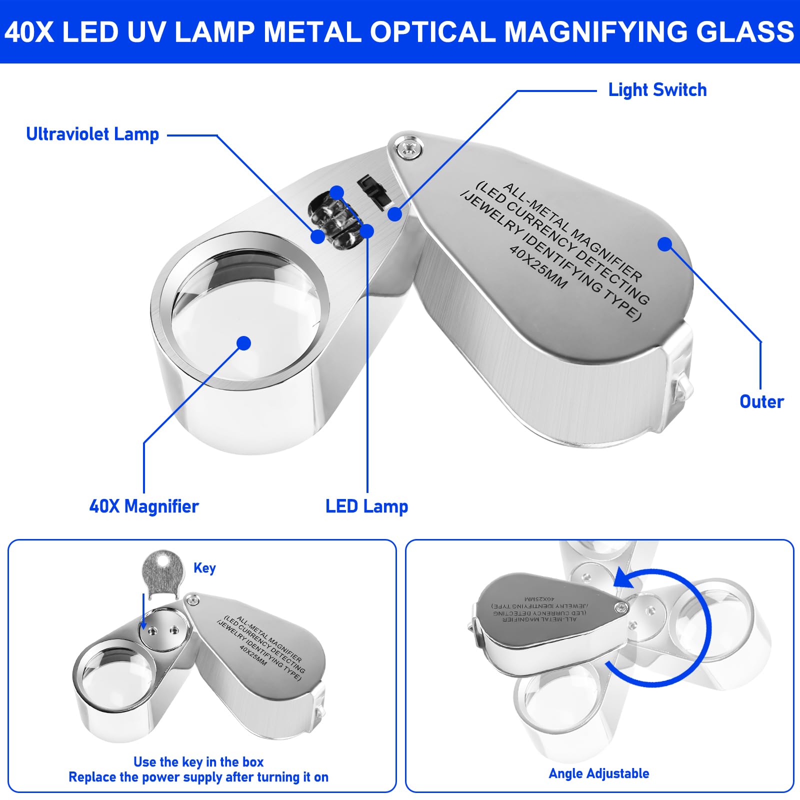 Loupe de bijoutier pliante pour bijoux, pierres précieuses, roches, timbres, pièces de Loupe de bijoutier pliante pour bijoux, pierres précieuses, roches, timbres, pièces de