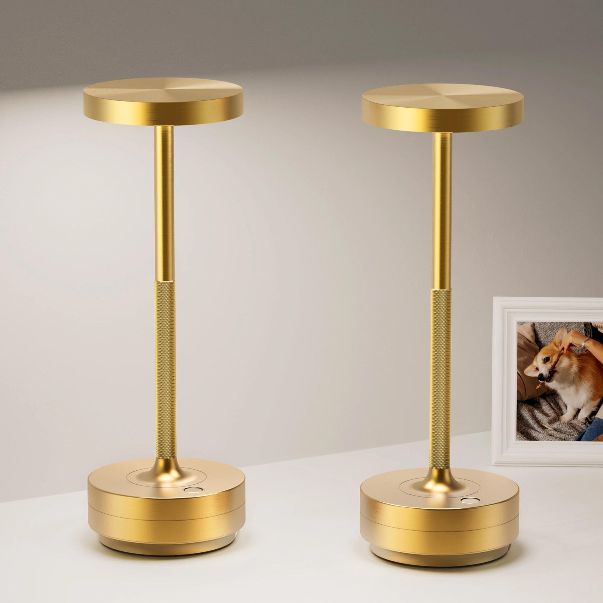 YIKUI Cordless Table Lamp, LED Table Lights Rechargeable 5000mAh Battery Powered Portable Outdoor IP54 Waterproof 3 Color Dimmable Touch Desk Lamps for Living Room Dining Restaurant Patio 2Pack Brass
