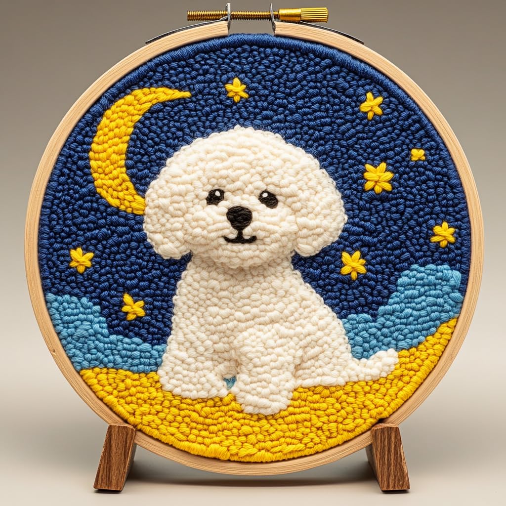 DIY Punch Needle Kits Bichon Frise Dog on Moon Easy for Beginners Punch Needle Embroidery Set with Hoop Stamped Pattern for Craft Lovers and Home Decor-1