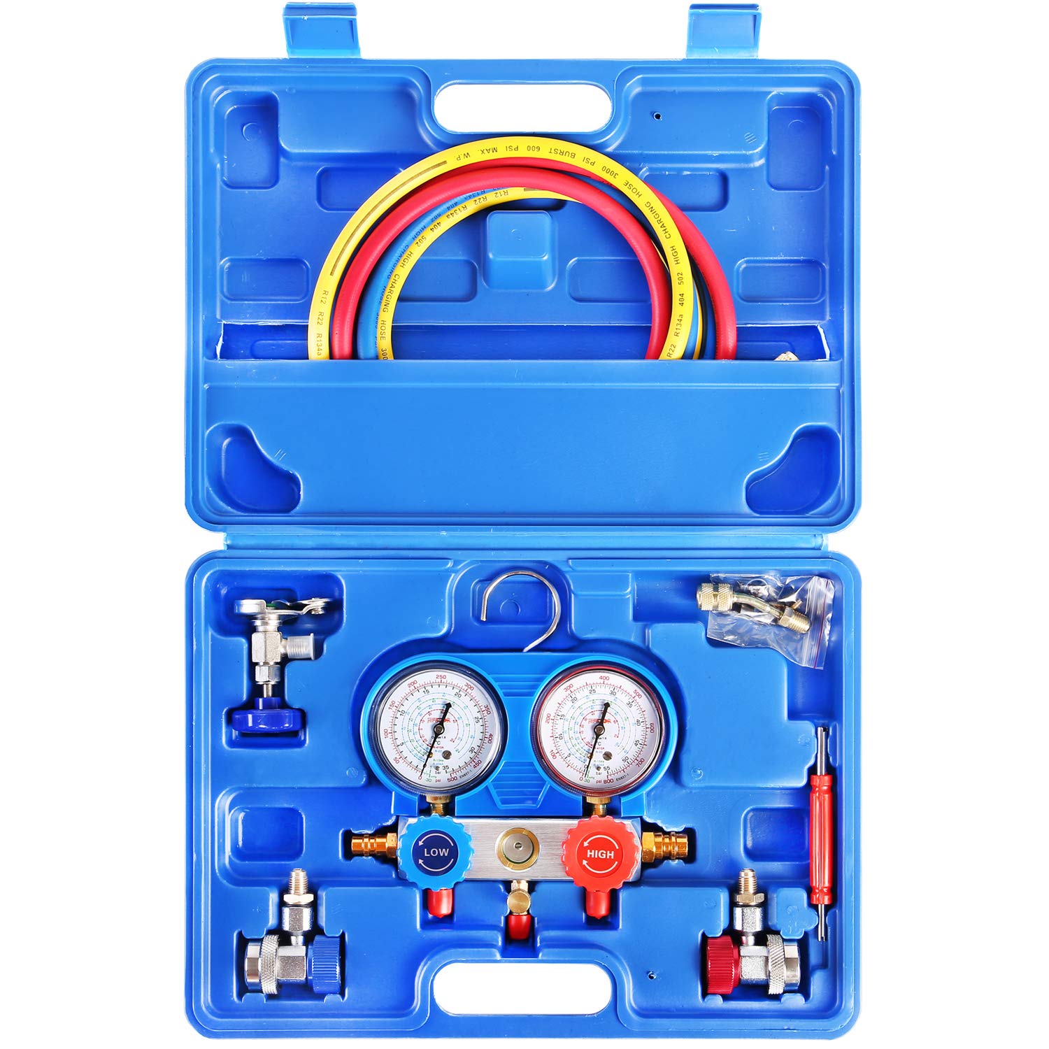 JIFETOR 3 Way AC Manifold Gauge Set, HVAC Diagnostic Refrigerant Charging Tool for Auto Household R134A R404A R410A Refrigerant, with 5FT Hose, Adjustable Quick Coupler, Can Tap and R410A Adapter