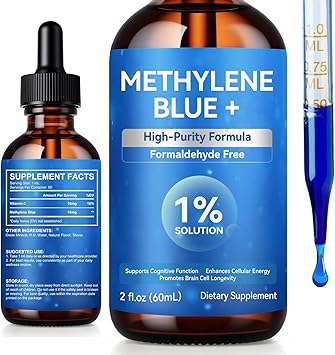 Methylene Blue 1% Solution, Methylene Blue for Humans, Methylene Blue 1% Enhanced Liquid Solution for Increased Absorption, Humans Brain Health and Energy Support, No Formaldehyde, No Alcohol - 2 Oz