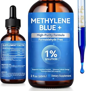 Methylene Blue 1% Solution, Methylene Blue for Humans, Methylene Blue 1% Enhanced Liquid Solution for Increased Absorption, Humans Brain Health and Energy Support, No Formaldehyde, No Alcohol - 2 Oz