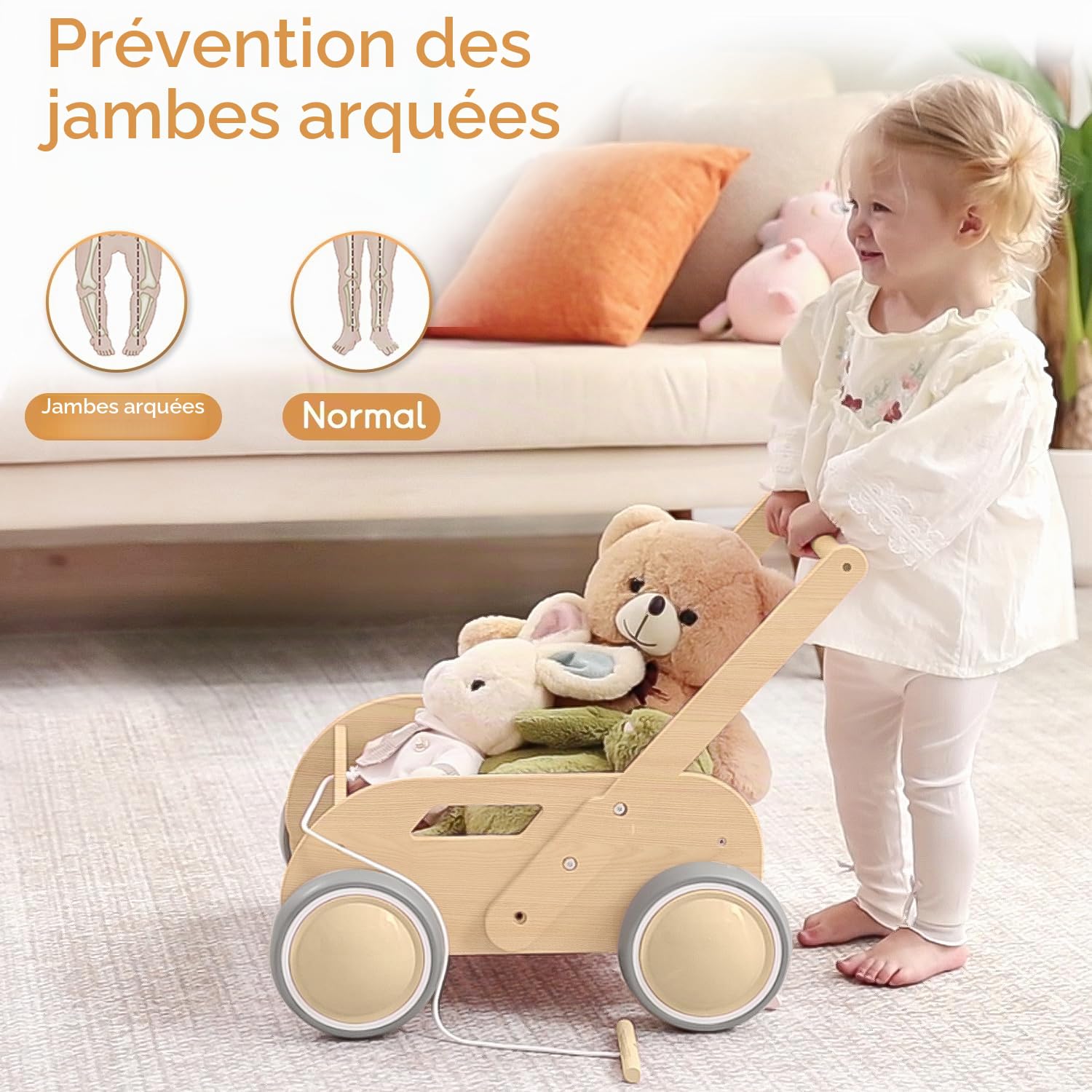 Trotteur Bébé en Bois, Chariot de Marche Bebe pour Garçons et Filles, Pousser et Tirer Baby Walker, Trotteur avec Roues, Cadeau pour Anniversaire Noël, Naturel