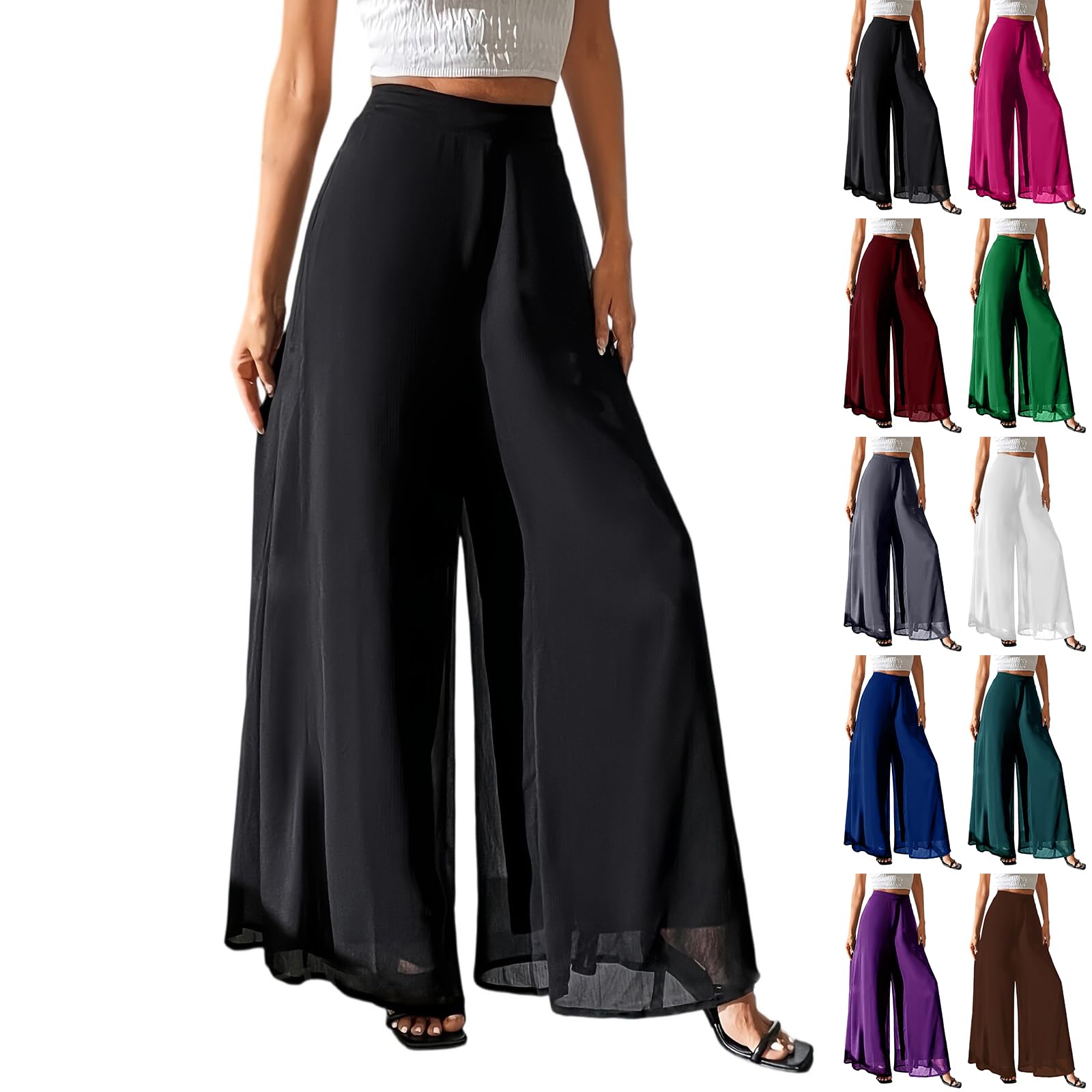 Chiffon Palazzo Pants for Women Casual Wide Leg Business Dressy Trousers Lounge High Waisted Flowy Travel Boho Pants
