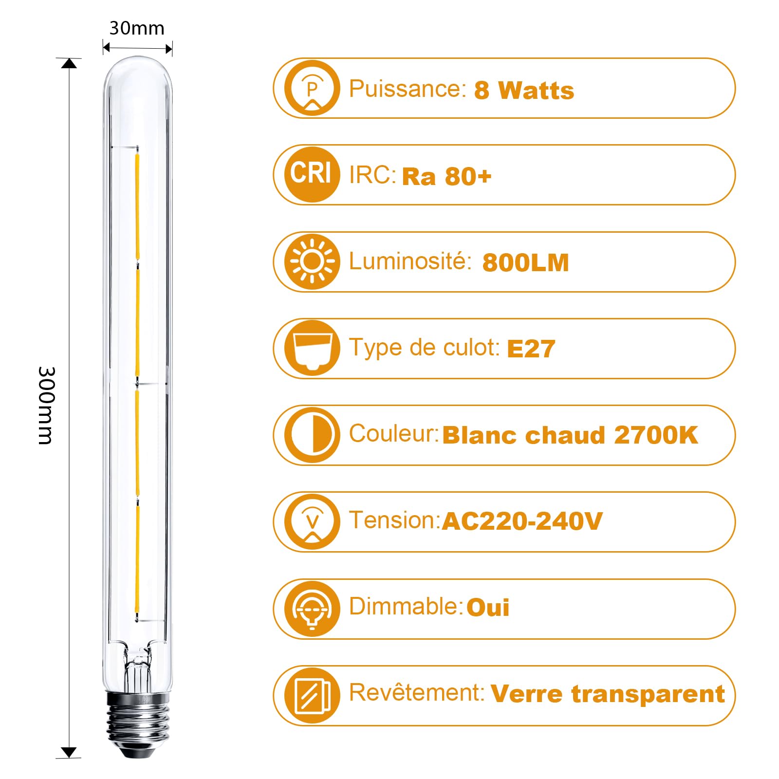 BRIMAX Ampoule LED E27 Dimmable 8W 2700K 300mm T30