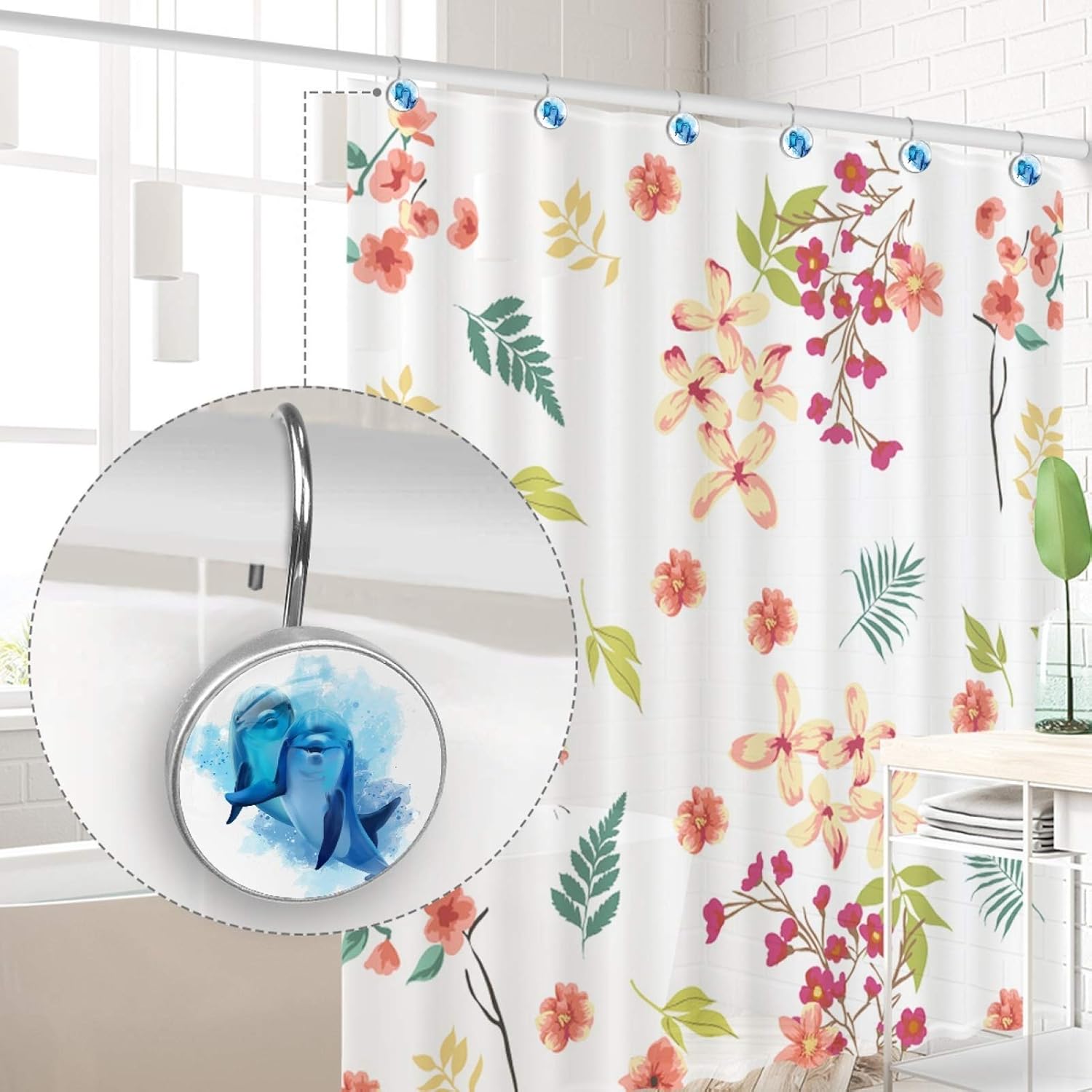 LORVIES Sea Life Two Blue Dolphins Watercolor Illustration Shower Curtain Hooks Set of 12, Stainless Steel Shower Hooks Decorative Hanger Rings Rust Resistant for Bathroom Kids Room Fashion Home Decor