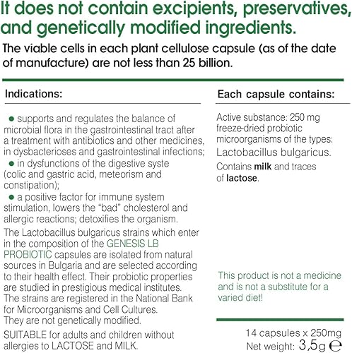 Miniatura 7 de Genesis GLB 44 Probiótico con Lactobacillus Bulgaricus 14 Cápsulas de 240 Mg