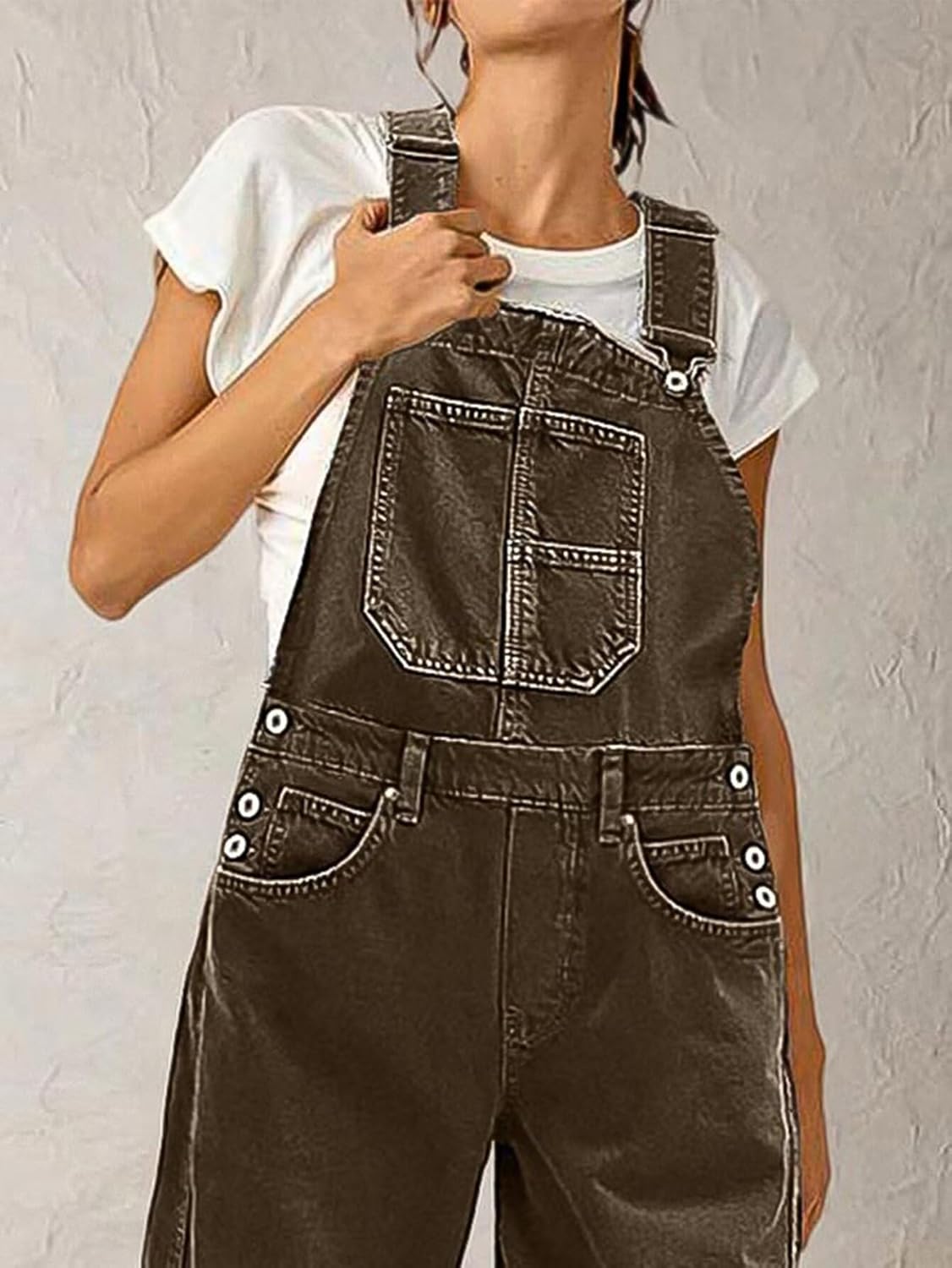 Flamingals Barrel Leg Stitch Detail Button Side Denim Overalls for Women Casual Jumpsuits with Pockets - Image 2