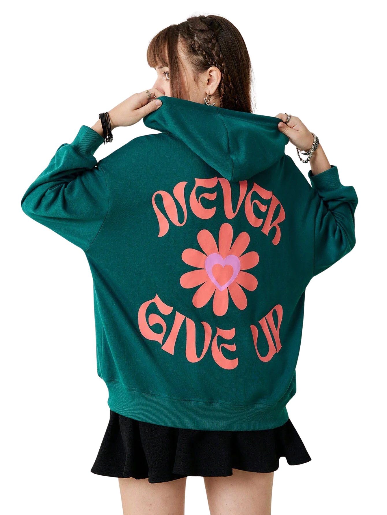 sxv style Women's Casual Long Sleeve Floral Letter Print Green Loose Hoodie-picture-18