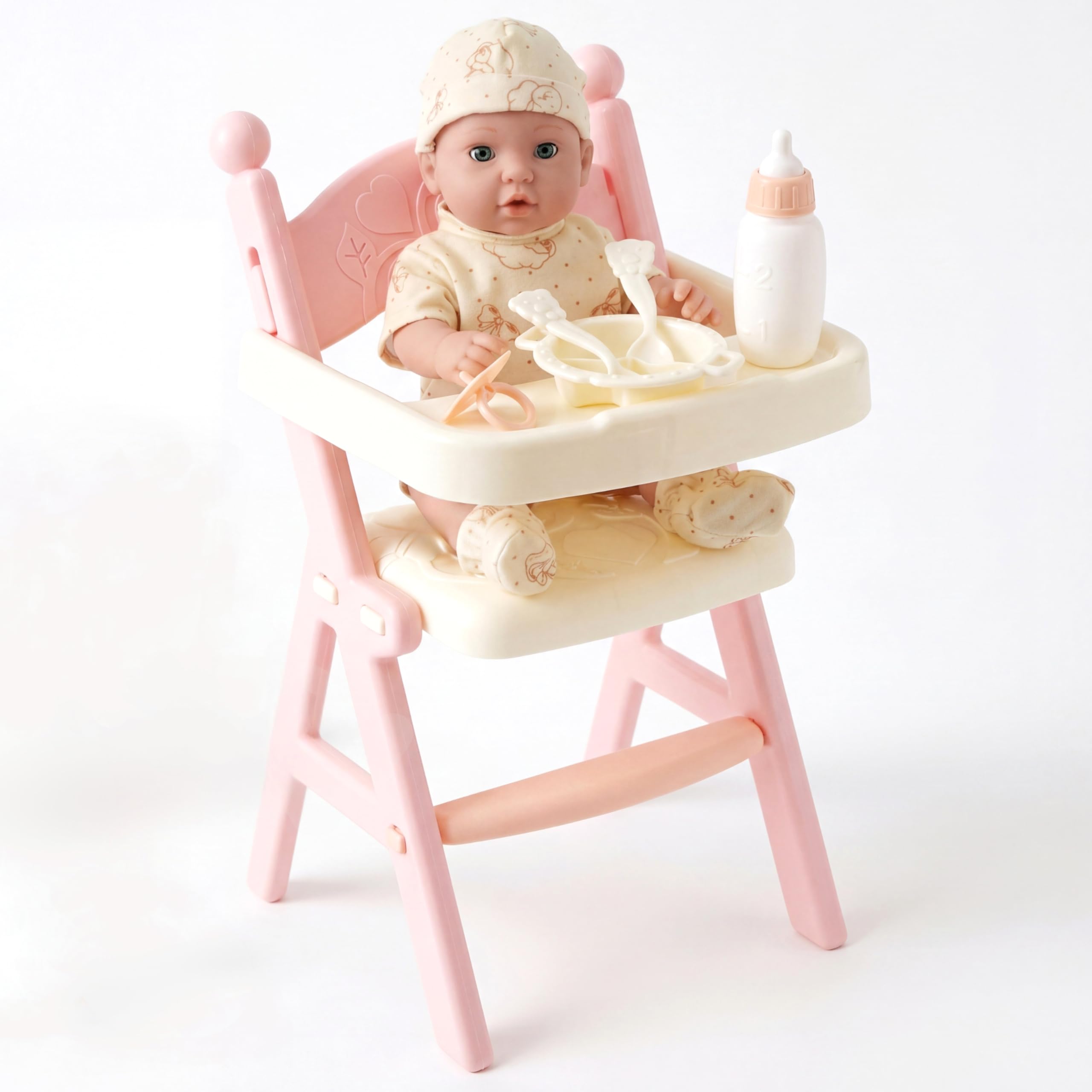 BiBi Doll 15" Baby Doll with High Chair & Feeding Set - Open/Close Eyes, Includes Milk Bottle, Plate, Cutlery & Dummy, Realistic Toy for Girls & Boys Aged 3+
