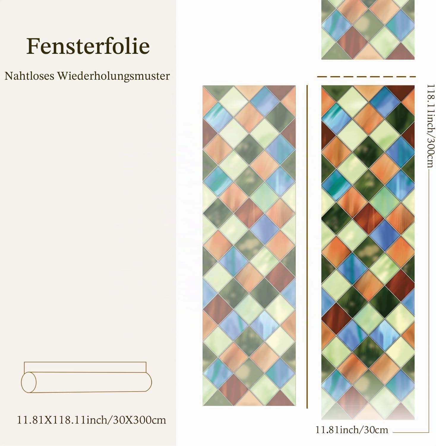 Buntglas-Fensterfolie, selbstklebend, doppelseitige Fensterfolie, wiederverwendbar, Vintage, mehrfarbig, gemusterte Vinylfolie, dekorativ für Glastür, Haustür, Naturraute