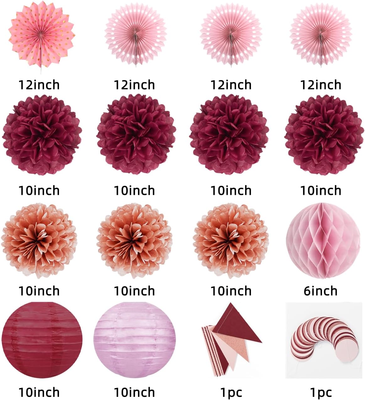 Rose-Gold Pink Burgundy Birthday Decorations – 16Pcs Tissue Pom Poms Paper Fans Garland Streamers Party Banner Baby Bridal Shower Wedding Anniversary Bachelorette Engagement Hanging Decor HongTongTong
