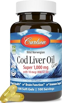 Carlson Cod Liver Oil Gems, Super 1000 mg, 250 mg Omega-3s, 100 Softgels