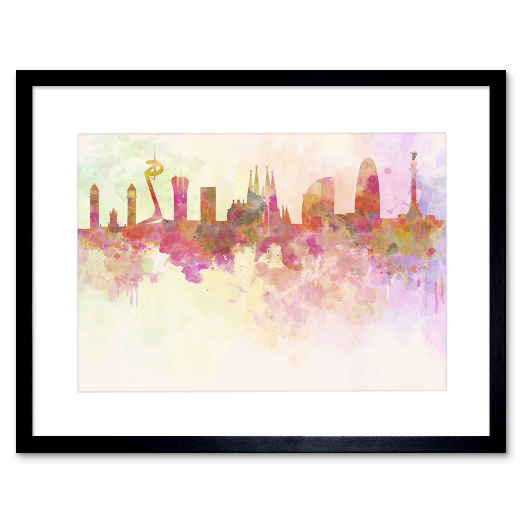 Wee Blue Coo Cityscape Barcelona Spain Paint Splash Skyline Picture Framed Wall Art Print