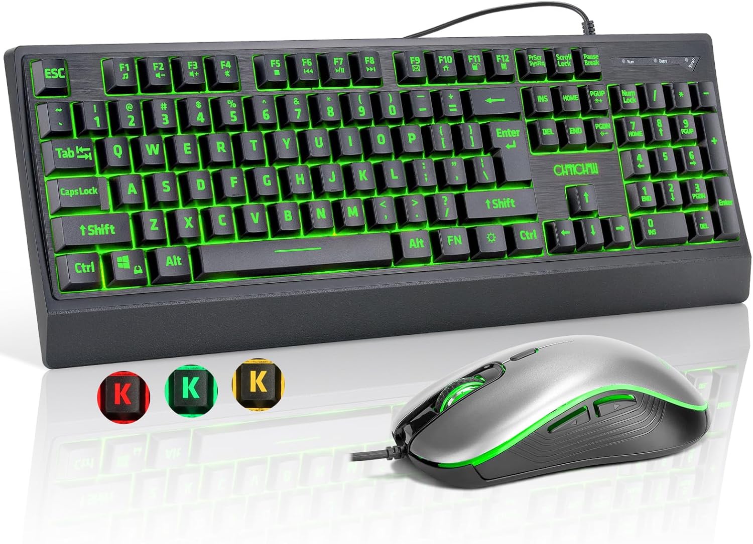 USB Wired Keyboard and Mouse Combo with Red-Yellow-Green LED, Silent Gaming Keyboard with 12 Mulitmedia Keys, Light Up Large Print for Elderly, Low Vision, RGB Backlit Mouse for PC Computer PS5 Laptop