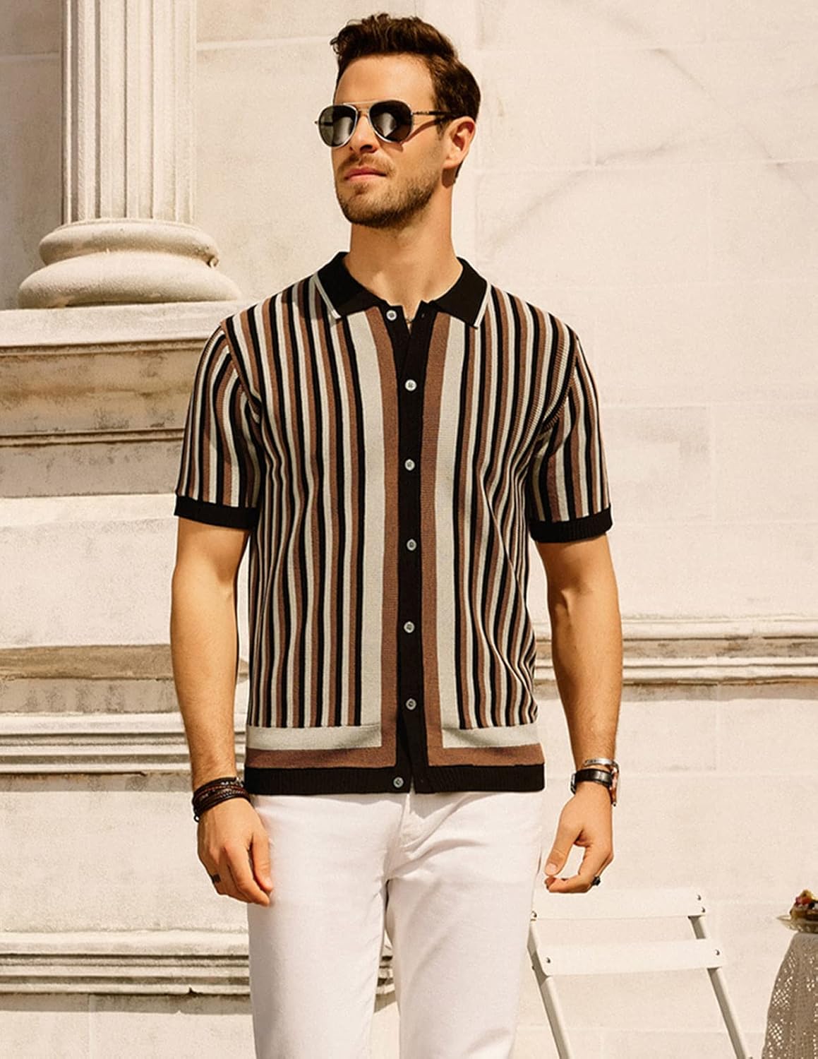 PJ PAUL JONES Men's Polo Shirts Retro Knit Shirt Vintage Striped Shirt - Image 2