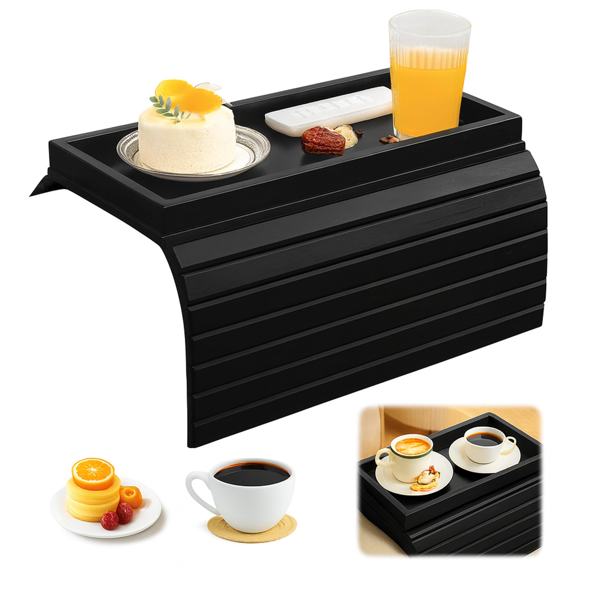 Black Wooden Sofa Arm Tray: Flexible Foldable Couch Armrest Tray