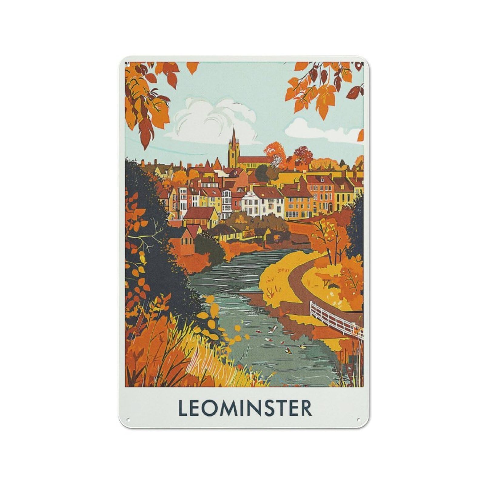 Junmoney Style-7 Tin Wall Plaque 30X20cm With Leominster Town Landscape For Hallway Wall, Suited To Hallway Decor Lovers, For Retro Home Interiors