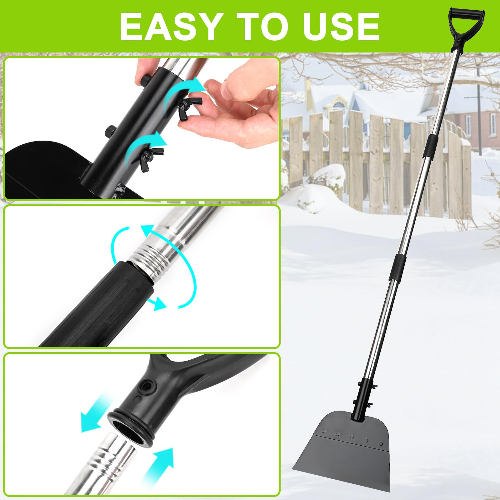 Pelle à Neige Multifonction à Manche Réglable 143 Cm - Grattoir à Glace, Pelle Plate En Acier Pour Allée Et Jardin