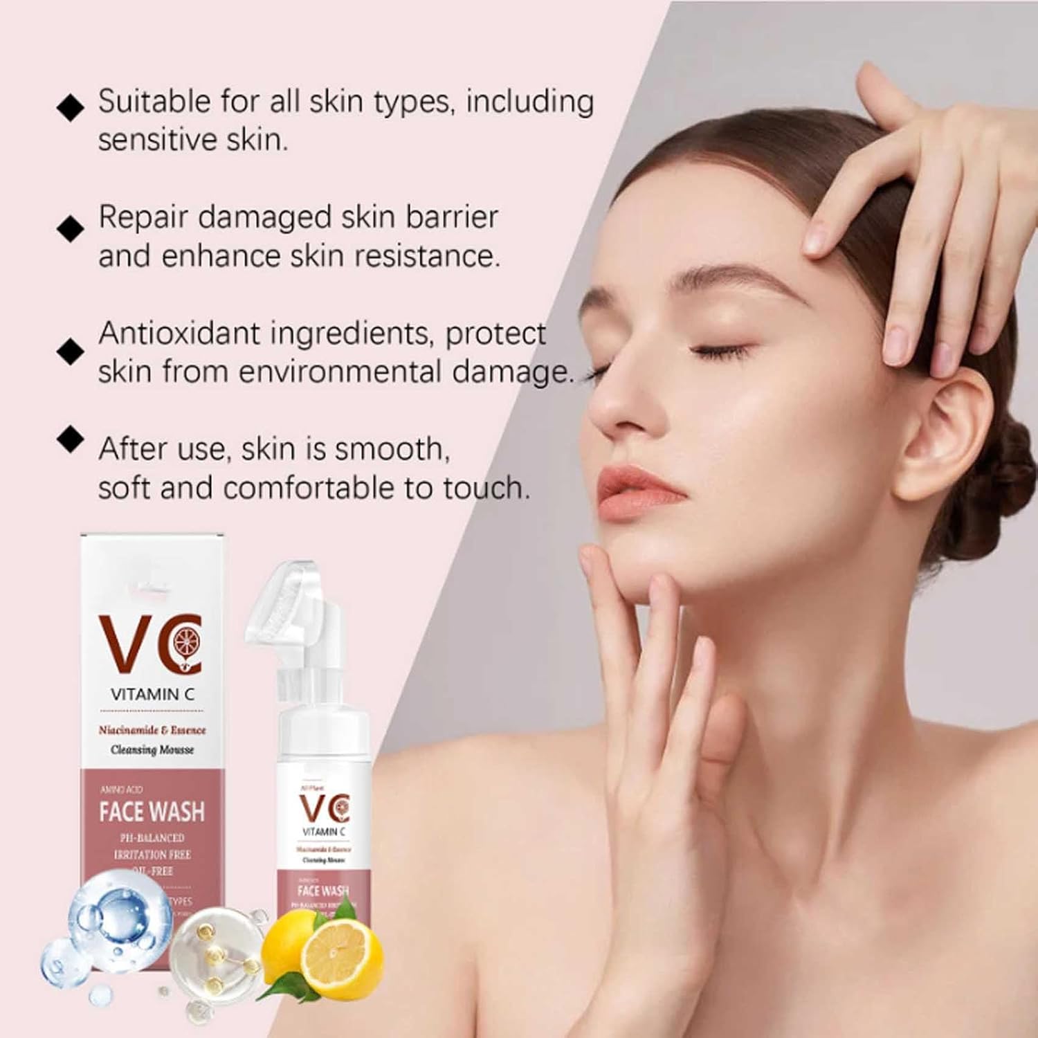 Vitamin Face Wash, Vc Face Wash, Vitamin C Collagen Anti-Aging Facial Cleanser Foam with Brush for Women (2)