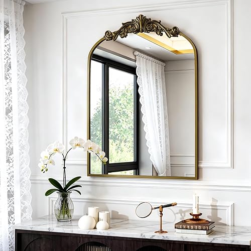 Espejo de pared arqueado antiguo, espejo de baño dorado vintage de 22 x 30 pulgadas, espejo de latón con marco de metal barroco para sala de estar,