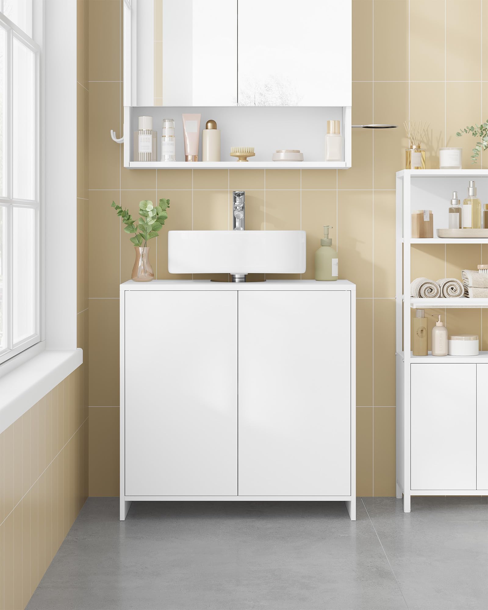 Hzuaneri Waschbeckenunterschrank, Unterschrank, Badezimmerschrank, Verstellbare Einlegeböden, Badschrank mit 2 Türen, Freistehend, Moderner, 30 x 60 x 60 cm, Weiß BC00603X