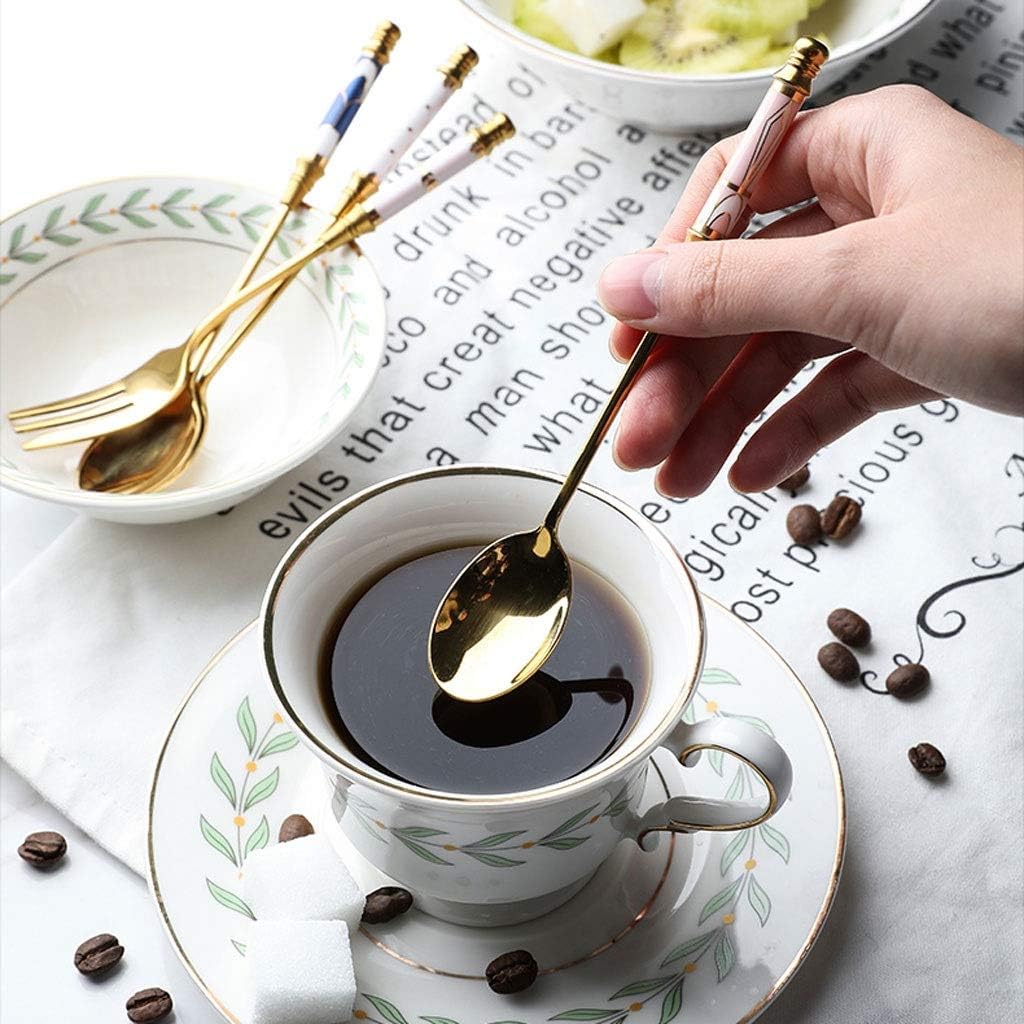 Durable Spoon Tableware Set European Style Golden Stainless Steel 2-Piece Spoon and Fork Ceramic Handle Afternoon Tea Spoon Dessert Fork Tablespoon (Color : C)