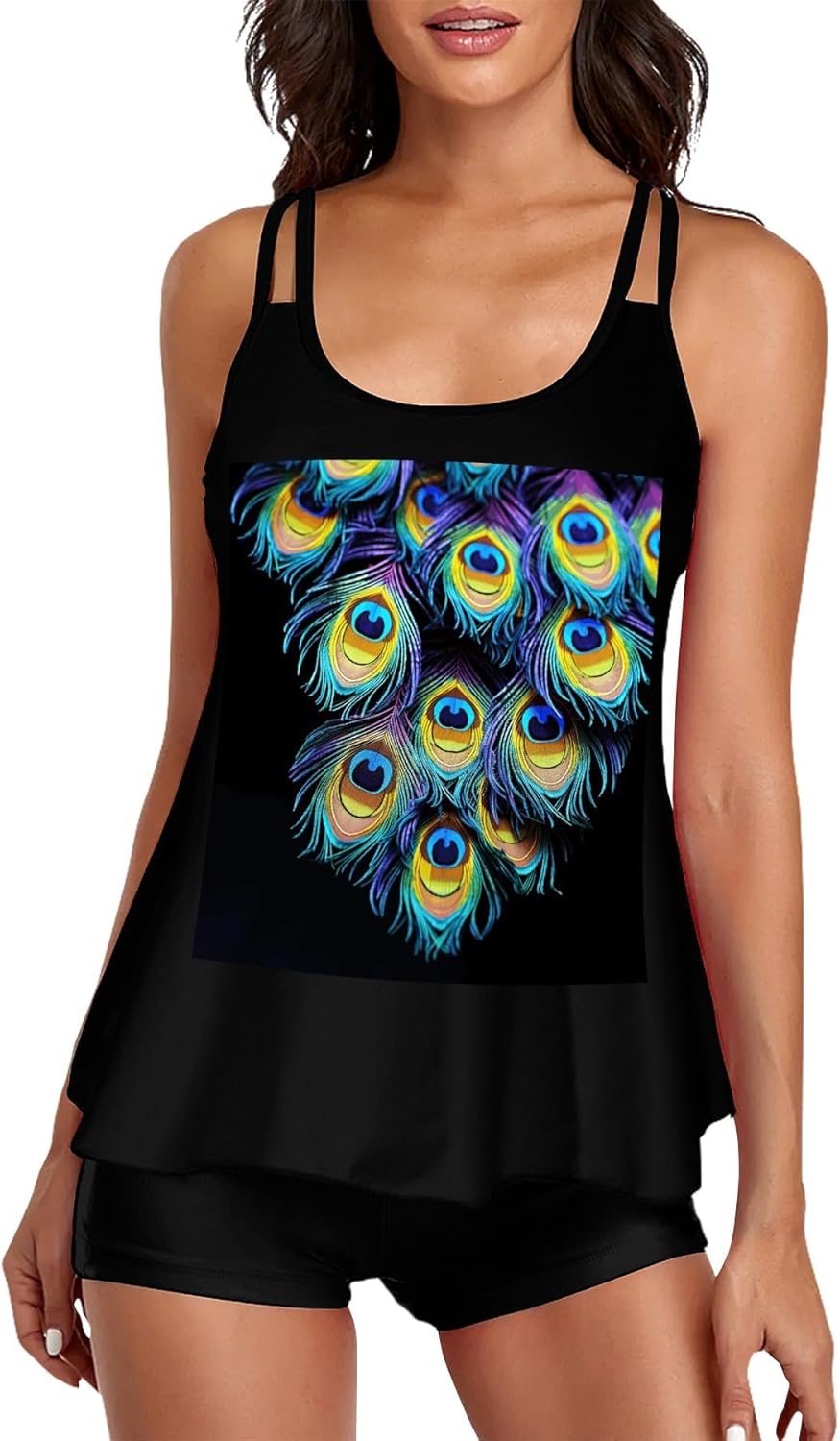 A Bunch of Peacock Feathers Tankini Swimsuits for Women Tummy Control Two Piece Bathing Suits Swim Tops with Boy Shorts Black