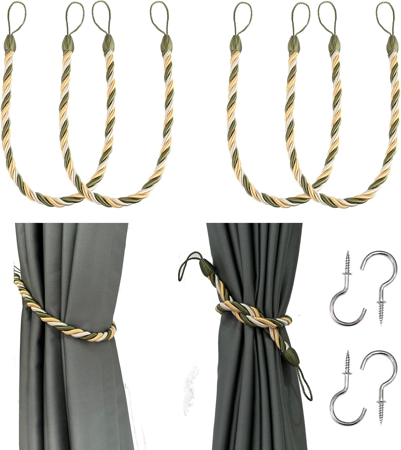 BEL AVENIR Curtain Ropes Tiebacks Tie-Backs, Curtain Handmade Holdbacks with 6 Metal Screw Hooks(Cream,6p)