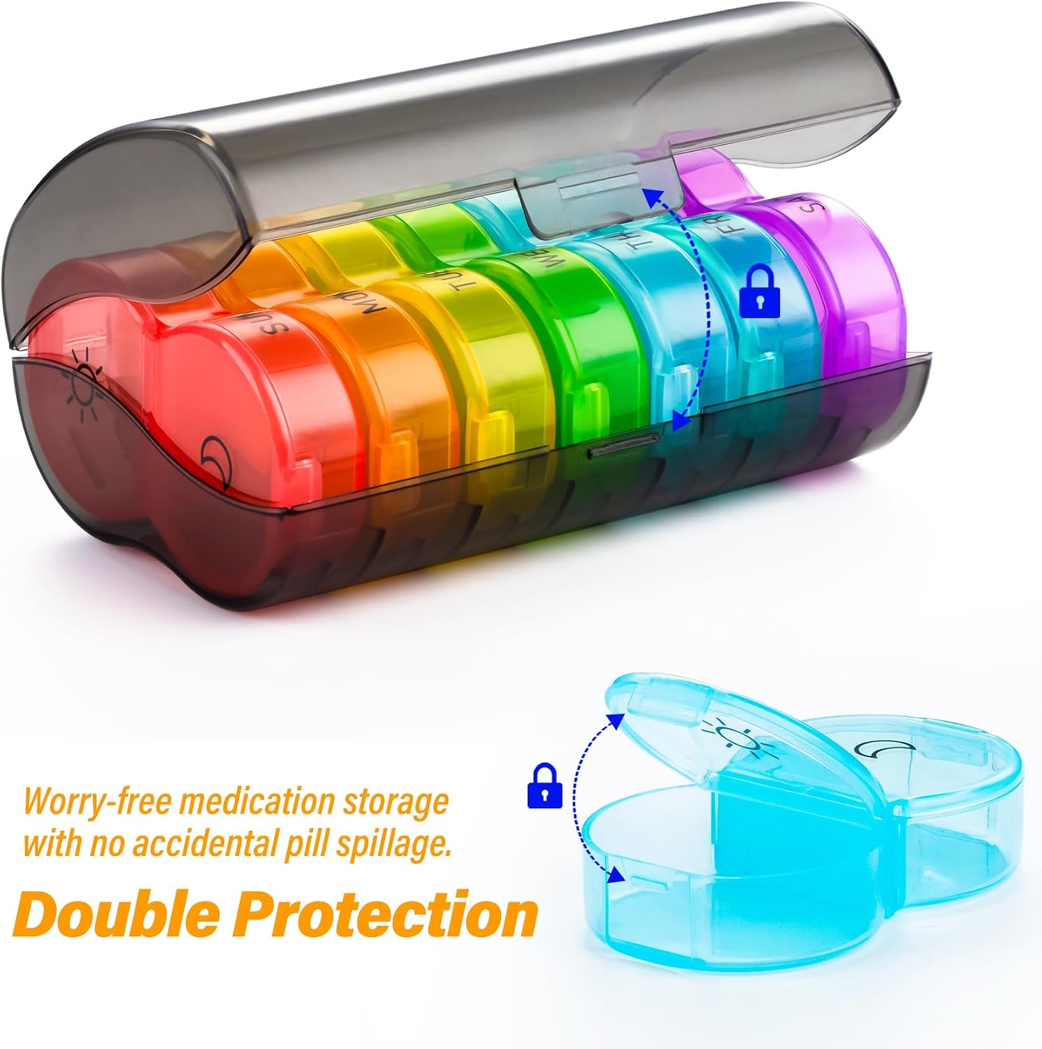 Pill Organizer 2 Times a Day, Weekly Pill Box AM PM, Black Privacy Protection Daily Medicine Pill Organizer with Large BPA Free Pill Case for Holding Vitamins, Fish Oils, Supplements (Rainbow)