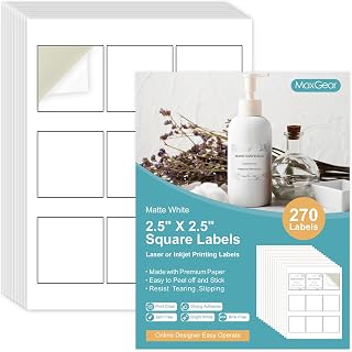 MaxGear 2.5" x 2.5" Square Labels, for Inkjet or Laser Printer, Matte White Printable Sticker Paper Labels Sheets, Strong Adhesive, Dries Quickly, Holds Ink Well, 270 Pcs