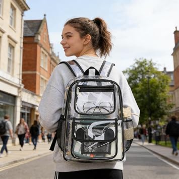 Clear Backpack - PVC Waterproof Transparent Bag, Large Capacity See Through Backpack with Data Cable Storage Bag, Clear School Rucksack with Adjustable Straps for College Work Travel Concert Sports