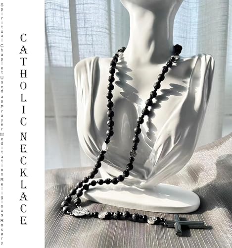 Vista 13 de Tiger Eye Cross Necklace for Men, Obsidian Necklace, Hematite Cross Pendant Lava Rock Rosary Healing Crystal Necklaces