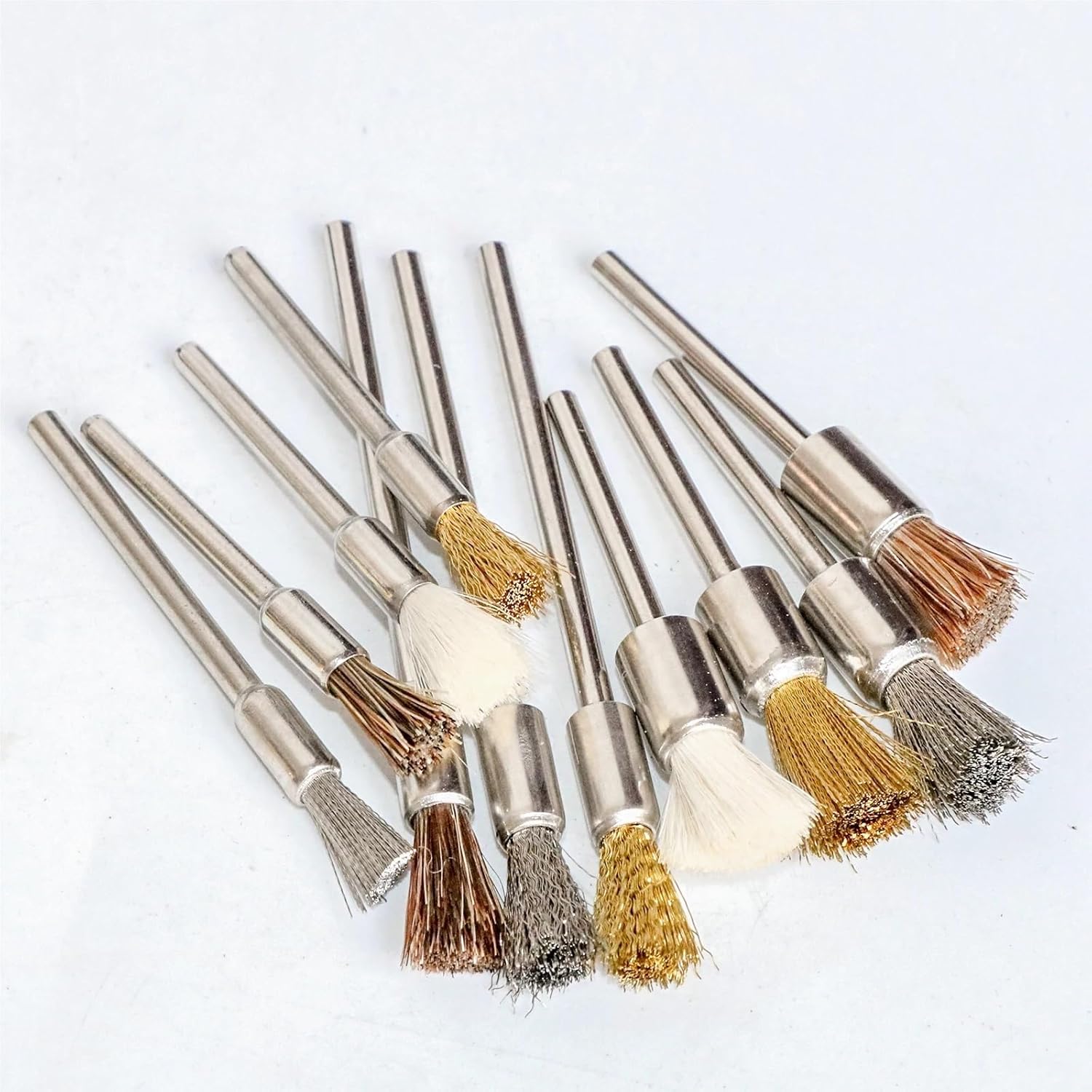 Stainless Steel Wire Wheel Brush Set Brass Wool 3mm Shank for Rotary Tool Metal Working Polishing Brush Abrasive Tool(10pcs Horse Hair,53x8x3mm)